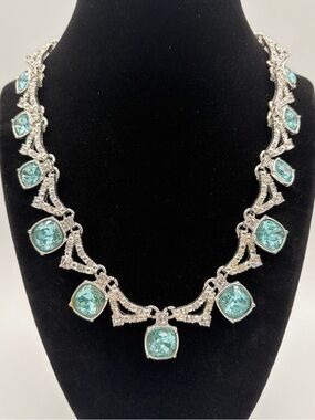 Teal Crystal Statement Necklace Rhinestone Silver Tone Bridal Glam